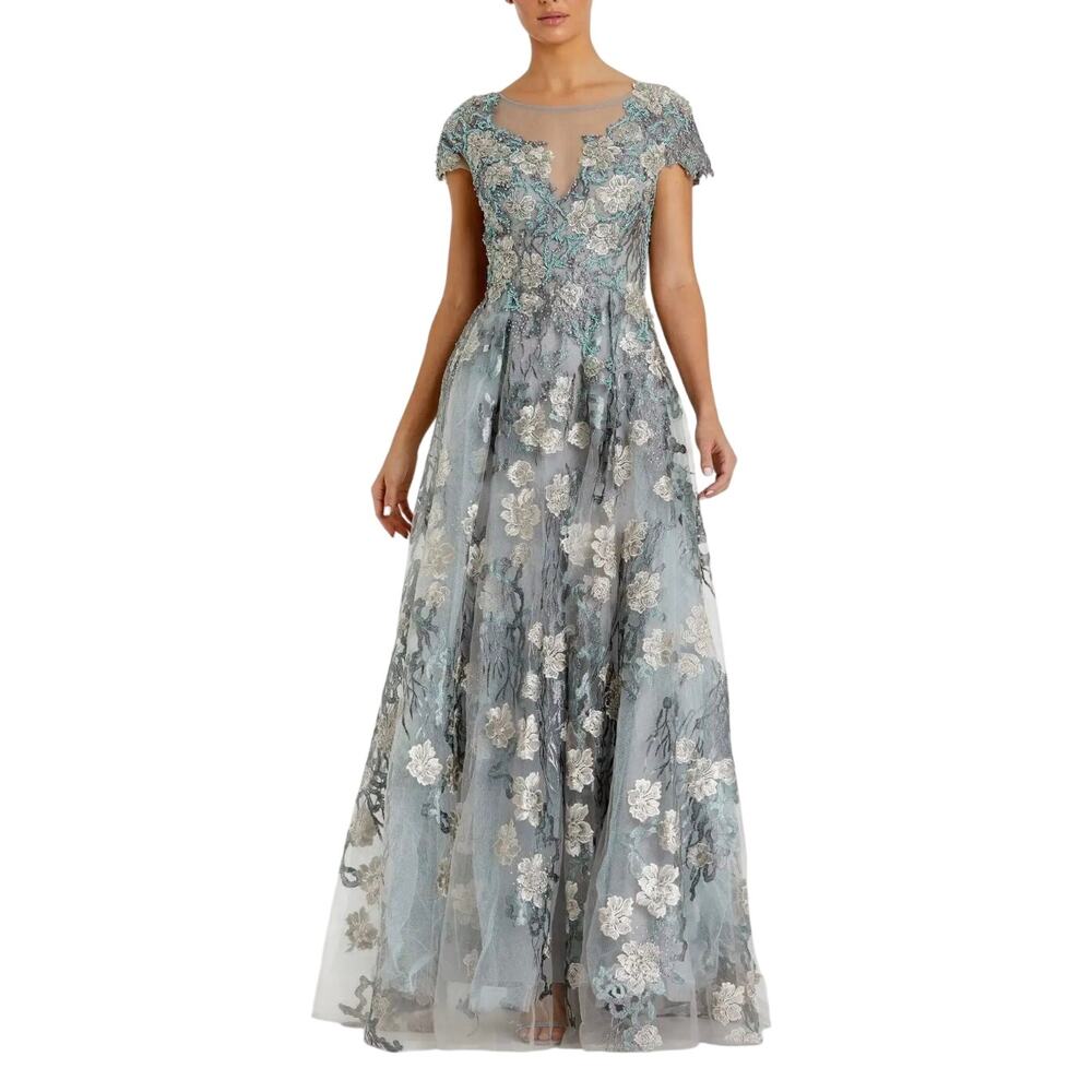 Mac Duggal Blue Floral Embroidered Illusion Neck Gown